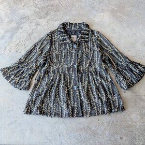 Damee NYC Black Mesh Metallic Bell Sleeve Button Front Blouse medium NWT